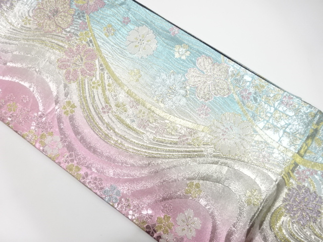 流水に花散らし模様織り出し　振袖用袋帯